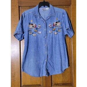 Women's Vintage Size Large Denim Embroidered Noah's Ark Quizz Again 100% Cotton